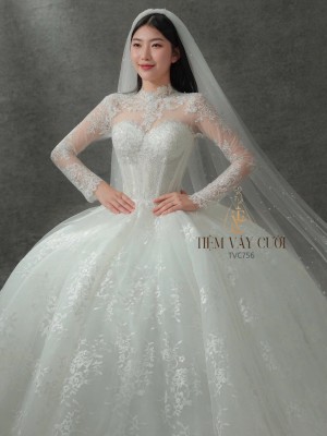 TVC756 Váy Cưới Làm Lễ, Váy Cưới Tiệc Cúp Ngực, Dài Tay, Kim Sa