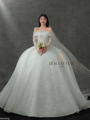 TVC761 Váy Cưới Làm Lễ, Đầm Cưới Đi Tiệc, Tay Dài, Bệt Vai Ngang, Tùng Bồng