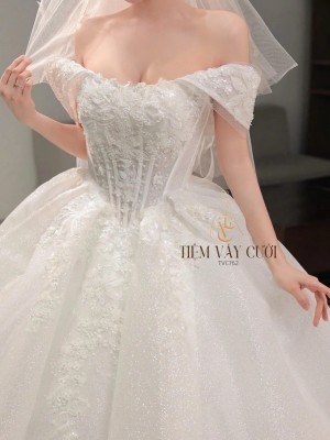 TVC762 Váy Cưới Làm Lễ, Đầm Cưới Cúp Ngực, Vải Voan, Cúp Ngực ,Tùng Xòe