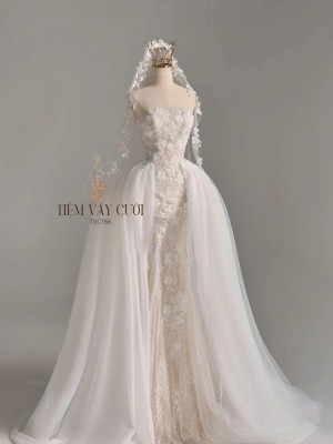 TVC766 Váy Cưới Đi Bàn, Đầm Cưới Đuôi Cá, Cúp Ngực, Xếp Ly
