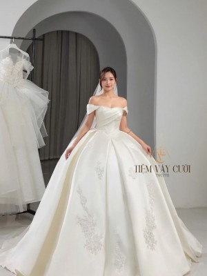 TVC770 Váy Cưới Làm Lễ, Đầm Cưới Đi Tiệc, Bệt Vai Ngang, Hoa 3D