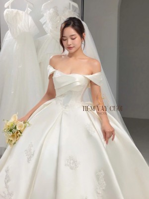 TVC770 Váy Cưới Làm Lễ, Đầm Cưới Đi Tiệc, Bệt Vai Ngang, Hoa 3D