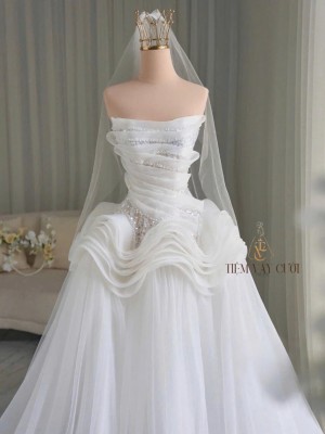 TVC775 Váy Cưới Đi Tiệc, Đầm Cưới Dáng Xuông, Cúp ngực, Đính ngọc