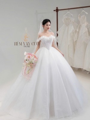 TVC782 Váy Cưới Làm Lễ, Đầm Cưới Cao Cấp, Hoa 3D, Cúp Ngực, Váy