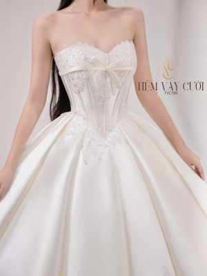TVC788 Váy Cưới Làm Lễ, Đầm Cưới Cô Dâu, Cúp Ngực, Hoạ Tiết