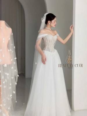 TVC792 Váy Cưới Đi Bàn, Đầm Cưới Dáng Xuông, Trễ Vai, Hoạ Tiết