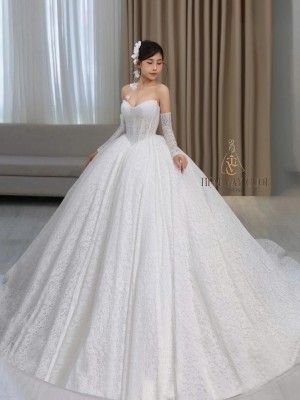 TVC797 Váy Cưới Làm Lễ, Đầm Cưới Đi Tiệc, Bệt Vai Ngang, Ren, Tùng Bồng