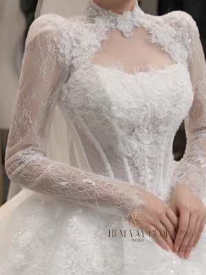 TVC802 Váy Cưới Làm Lễ, Đầm Cưới Đi Tiệc, Dài Tay, Cổ Cao