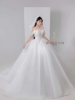 TVC805  Váy Cưới Làm Lễ, Đầm Cưới Đi Tiệc, Voan, Bệt Vai Ngang, Tùng Bồng