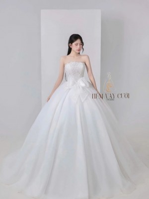 TVC806 Váy Cưới Làm Lễ, Đầm Cưới Đi Tiệc, Dài Tay, Kim Sa, Cúp Ngực, Tùng Bồng