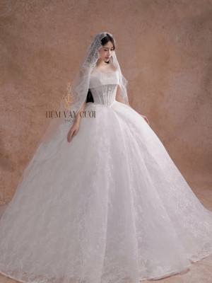 TVC811 Váy Cưới Làm Lễ, Đầm Cưới Đi Tiệc, Bệt Vai Ngang, Xếp Ly, Tùng Bồng