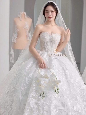 TVC831 Váy Cưới Làm Lễ, Váy cúp ngực, Vải Lưới Mịn, Hoa 3D Bản To, Tùng Xòe Bồng Bềnh