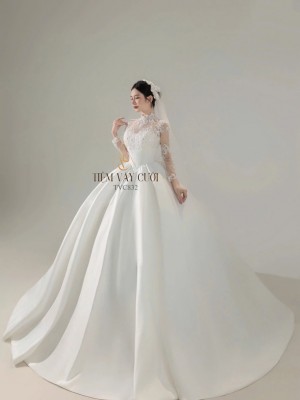 TVC832 Váy Cưới Làm Lễ, Đầm Cưới Đi Tiệc, Dài Tay Phối Vải Ren Lưới Hoa, Cổ Ren