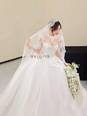 TVC844 Váy Cưới Làm Lễ, Đầm Cưới Dáng Xoè Bồng Bềnh, Dài Tay, Cúp Ngực, Đính Đá