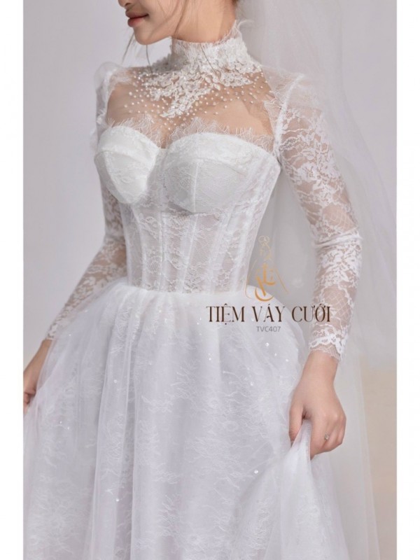 TVC407 Đầm Cưới Cô Dâu, Váy Tiệc Cưới Đi Bàn, Vải Phi Nhật, Cúp Ngực, Dáng Xuông , Váy Thiết Kế