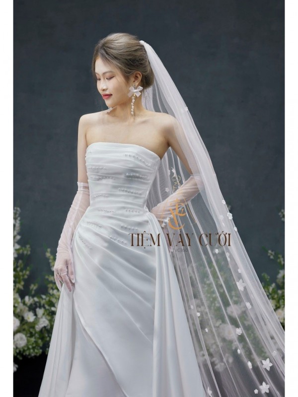 TVC360 Đầm Cưới Cô Dâu, Váy Tiệc Cưới Cúp Ngực, Không Tay, Dáng Xuông, Đính Hoa Hàng Thiết Kế