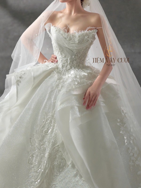 TVC697 Váy Cưới Làm Lễ, Đầm Cưới Đi Tiệc, Cúp Ngực, Hoạ Tiết