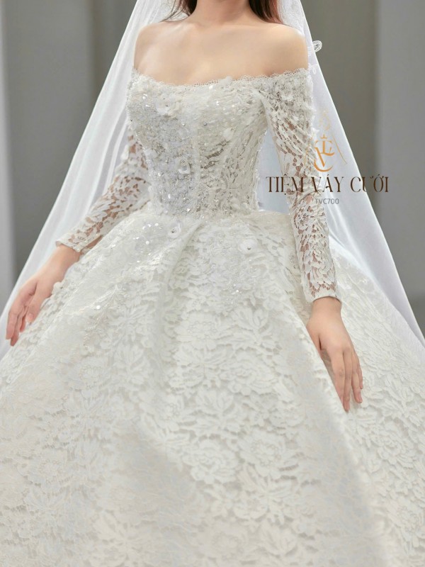 TVC700 Váy Cưới Làm Lễ, Đầm Cưới Làm Lễ, Cúp Ngực, Dài Tay