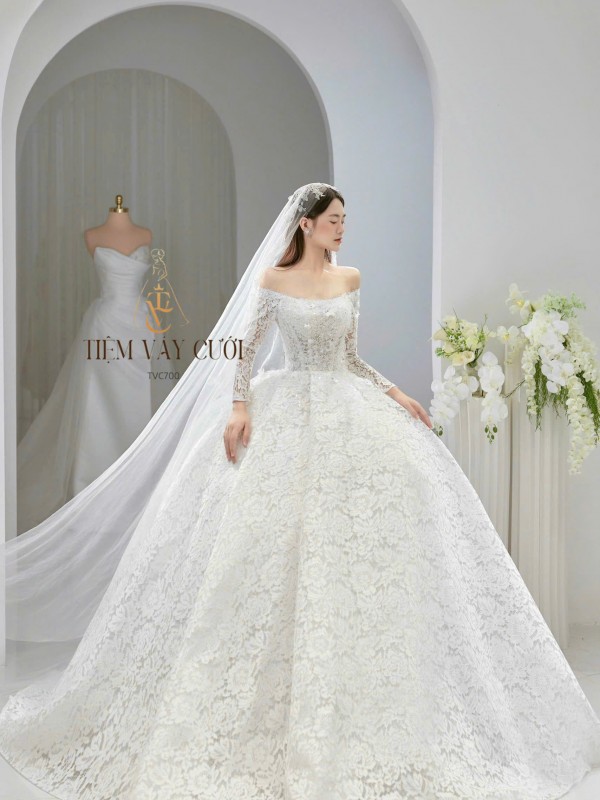 TVC700 Váy Cưới Làm Lễ, Đầm Cưới Làm Lễ, Cúp Ngực, Dài Tay