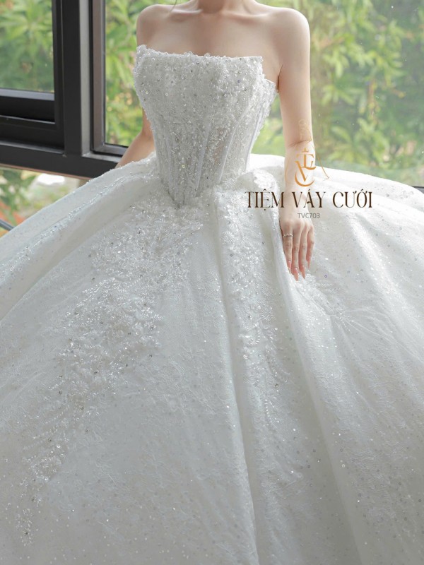 TVC703 Váy Cưới Làm Lễ, Đầm Cưới Đi Tiệc, Xếp Ly, Cúp Ngực, Hoa 3D