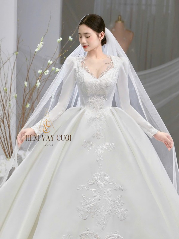 TVC704 Váy Cưới Làm Lễ, Đầm Tiệc Cao Cấp, Voan, Dài Tay, Xếp Ly