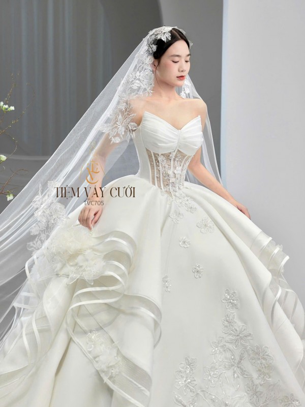 TVC705 Váy Cưới Làm Lễ, Đầm Cưới Đi Tiệc, Cúp Ngực, Tùng Thiết Kế