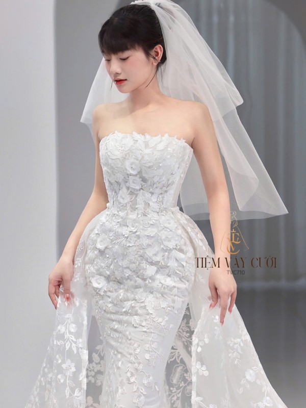 TVC710 Váy Cưới Đi Bàn, Đầm Cưới Đuôi Cá, Cúp Ngực, Hoạ Tiết, Tà Dài