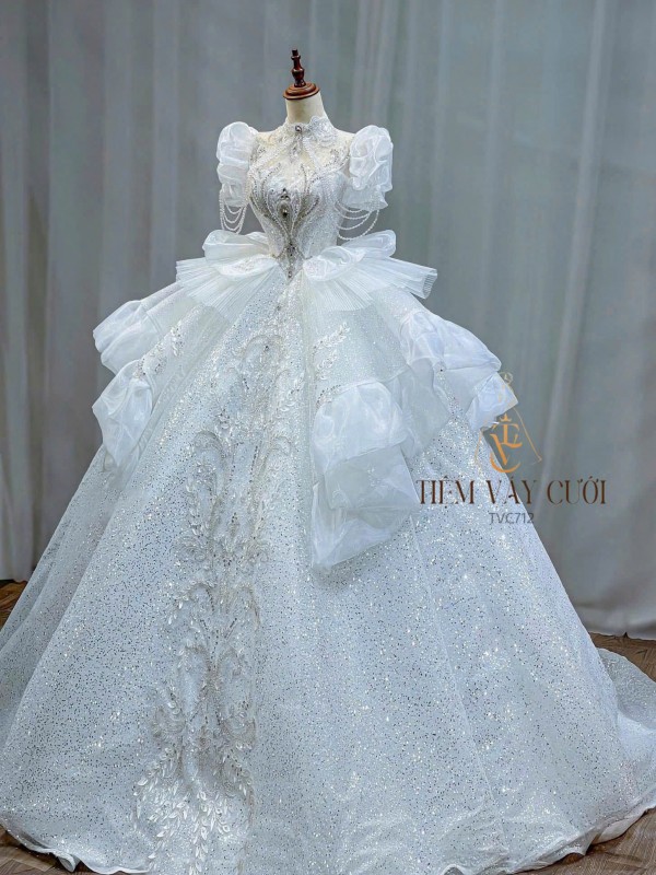 TVC712 Váy Cưới Làm Lễ, Đầm cưới Đi Tiệc, Ngắn Tay, Bèo Tầng