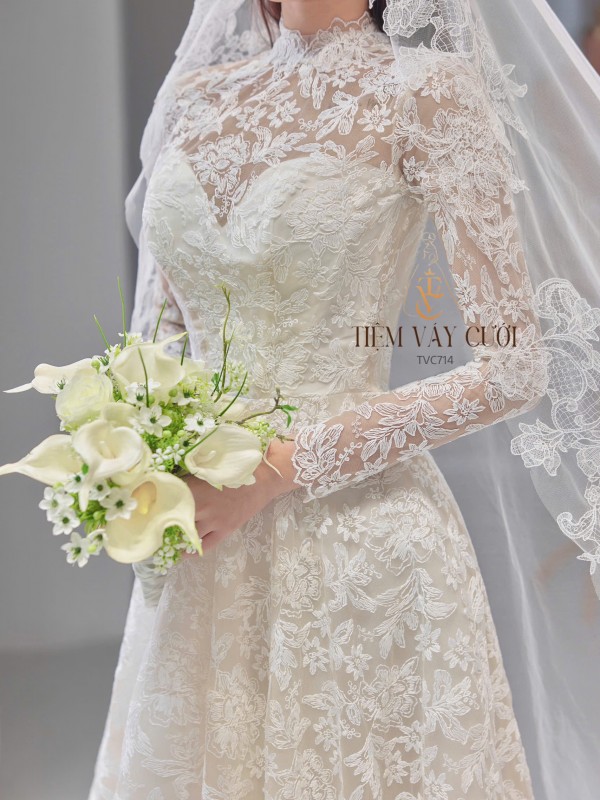TVC714 Váy Cưới Đi Bàn, Đầm Cưới Dài Tay, Ren, Hoạ Tiết