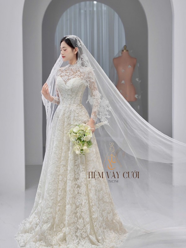TVC714 Váy Cưới Đi Bàn, Đầm Cưới Dài Tay, Ren, Hoạ Tiết