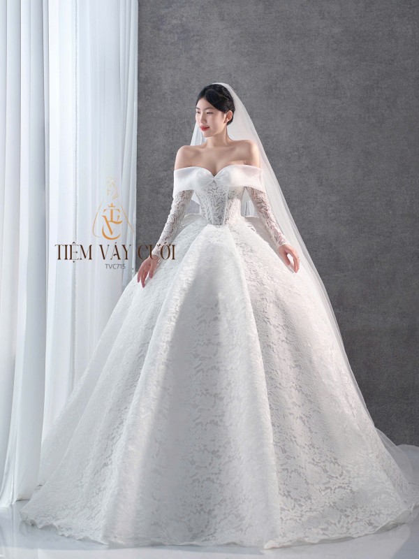 TVC715 Váy Cưới Làm Lễ, Đầm Cưới Đi Tiệc, Bệt Vai Ngang, Ren Thiết Kế
