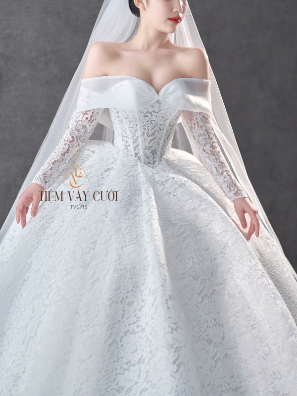 TVC715 Váy Cưới Làm Lễ, Đầm Cưới Đi Tiệc, Bệt Vai Ngang, Ren Thiết Kế