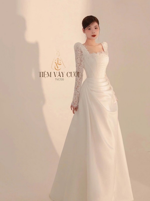 TVC720 Váy Cưới Đi Bàn, Đầm Cưới Dáng Xuông, Cổ Vuông, Tay Dài
