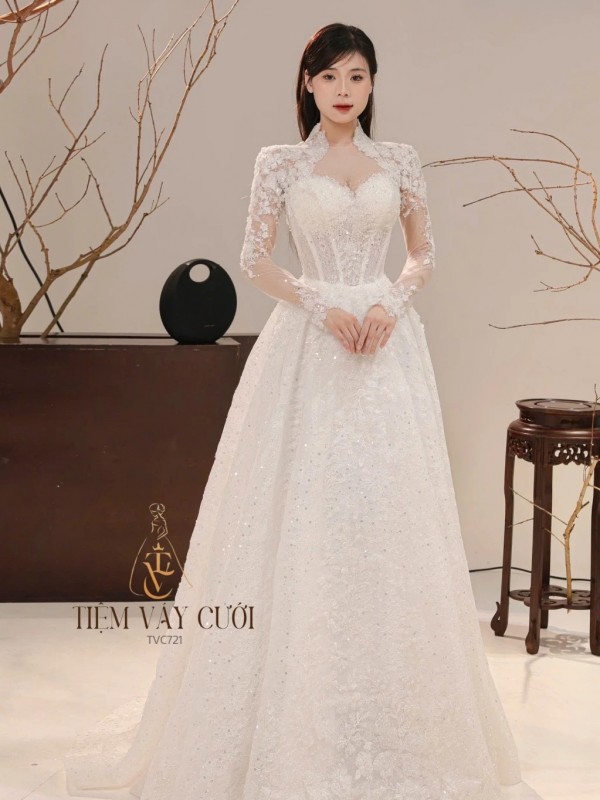 TVC721 Váy Cưới Làm Lễ, Đầm Cưới Đi Tiệc, Xếp Ly, 2in1