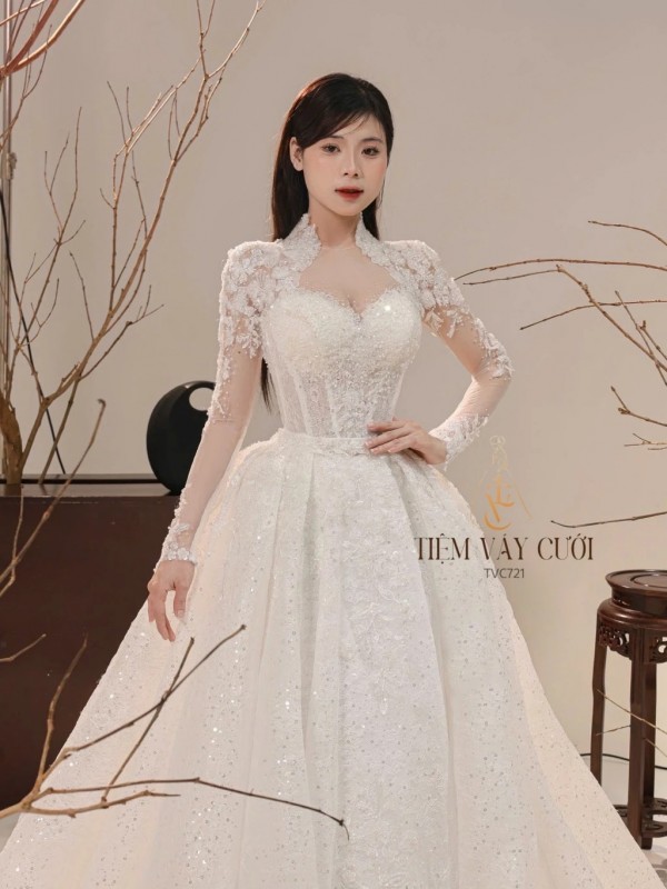 TVC721 Váy Cưới Làm Lễ, Đầm Cưới Đi Tiệc, Xếp Ly, 2in1