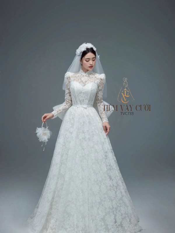 TVC733 Váy Cưới Đi Bàn, Đầm Cưới Dáng Xuông, Dài Tay, Hoa 3D