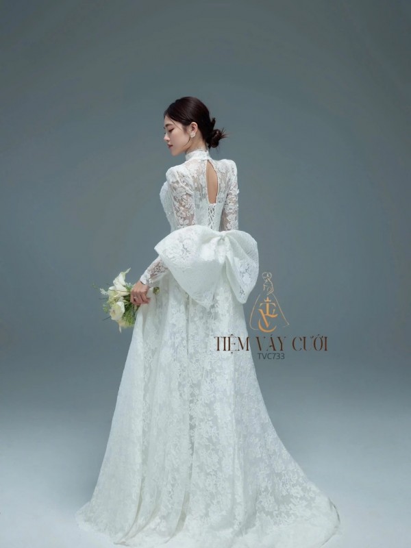 TVC733 Váy Cưới Đi Bàn, Đầm Cưới Dáng Xuông, Dài Tay, Hoa 3D