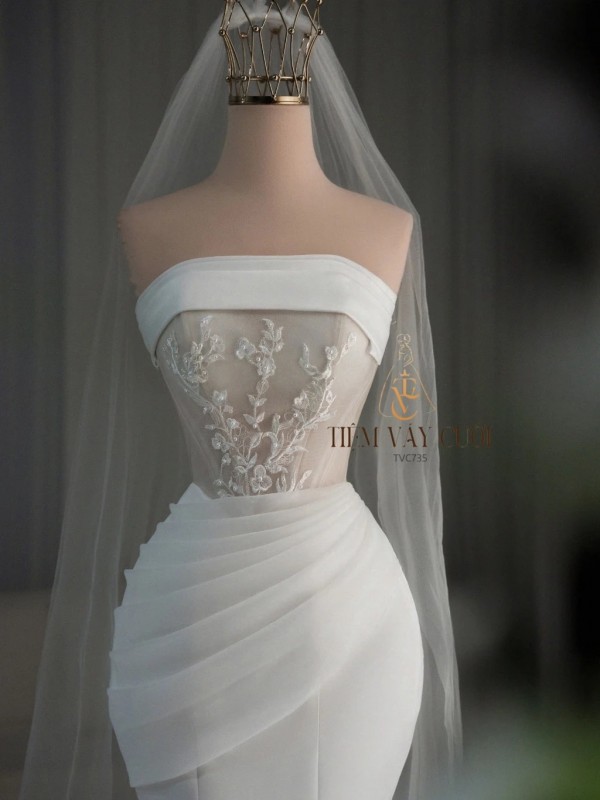 TVC735 Váy Cưới Đi Bàn, Đầm Cưới Đuôi Cá, Cúp Ngực, Dáng Ôm