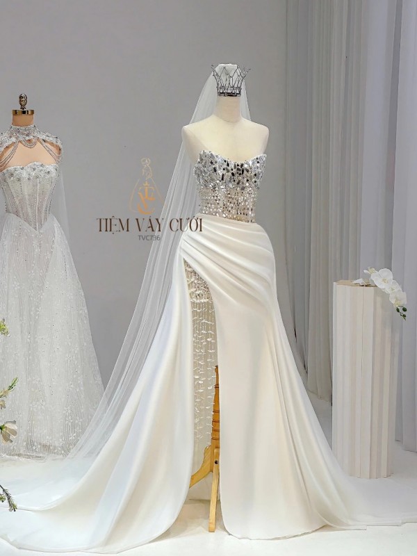 TVC736 Váy Cưới Đi Bàn, Đầm Cưới Đuôi Cá, Cúp Ngực, Hoạ Tiết, Xẻ Tà