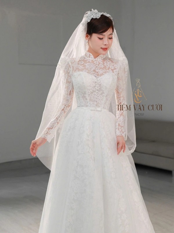 TVC737 Váy Cưới Làm Lễ, Đầm Cưới Đi Tiệc, Xếp Ly, 2in1