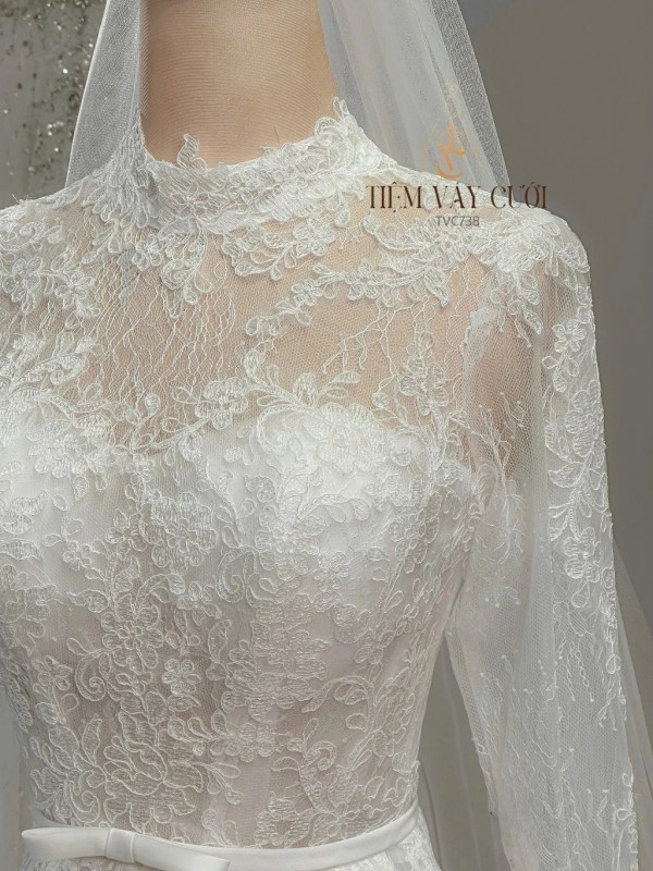 TVC738 Váy Cưới Đi Bàn, Đầm Cưới Dáng Xuông, Dài Tay, Hoa 3D