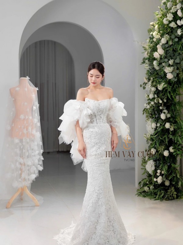 TVC740 Váy Cưới Đi Bàn, Đầm Cưới Đuôi Cá, Cúp Ngực, Tay Rời