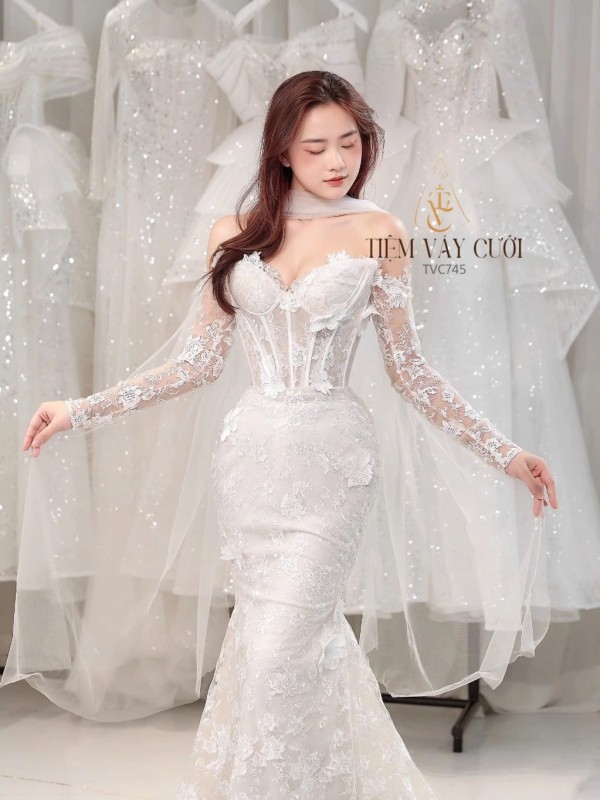 TVC745 Váy Cưới Đi Bàn, Đầm Cưới Đuôi Cá, Cúp Ngực, Hoạ Tiết