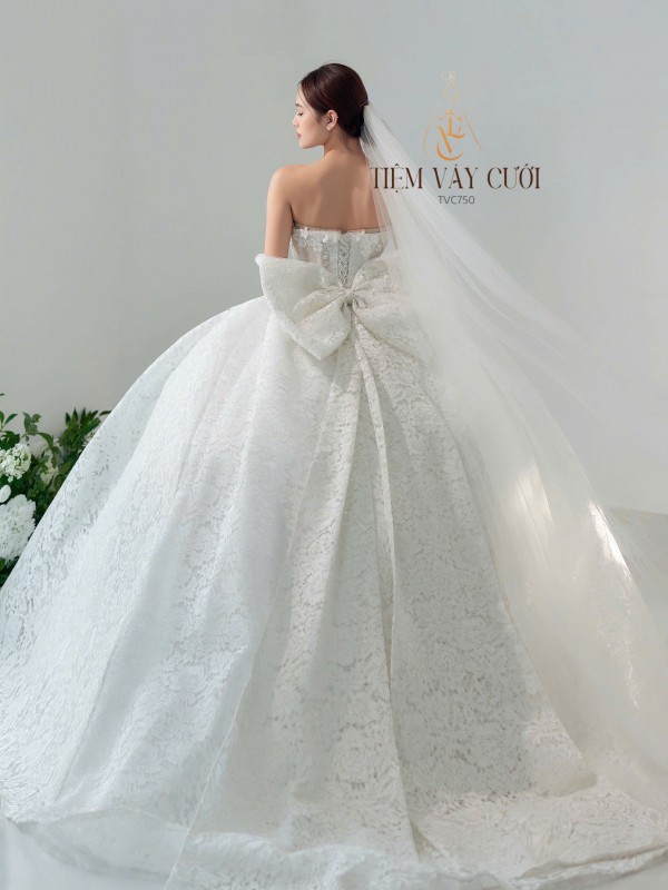 TVC750 Váy Cưới Làm Lễ, Đầm Cưới Cao Cấp, Bệt Vai Ngang, Hoa 3D,  tay rời, nơ rời