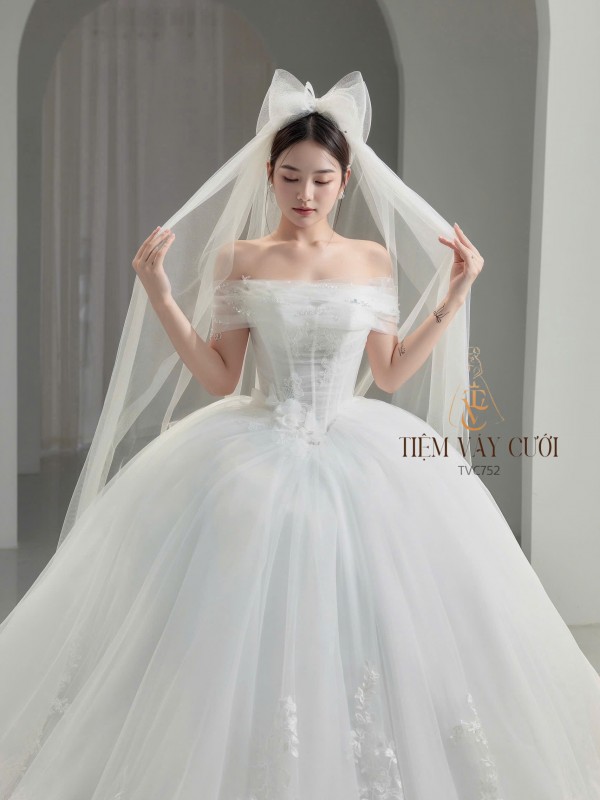 TVC752 Váy Cưới Làm Lễ, Đầm Cưới Đi Tiệc, Xếp Ly, Kim Sa, Cúp Ngực