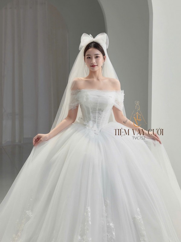 TVC752 Váy Cưới Làm Lễ, Đầm Cưới Đi Tiệc, Xếp Ly, Kim Sa, Cúp Ngực