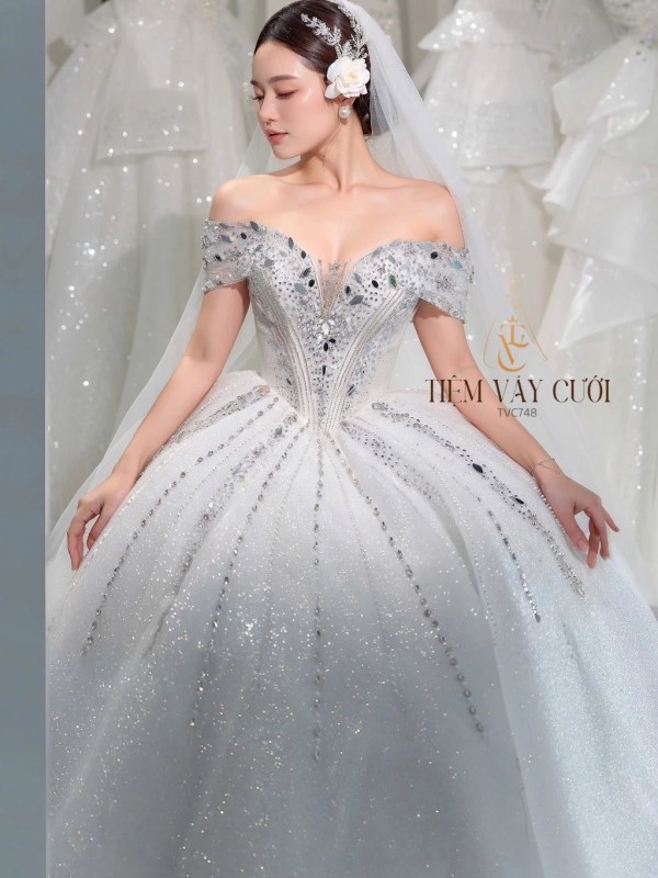 TVC748 Váy Cưới Làm Lễ, Đầm Cưới Cao Cấp, Cúp Ngực, Hoa 3D, Cổ Rờ