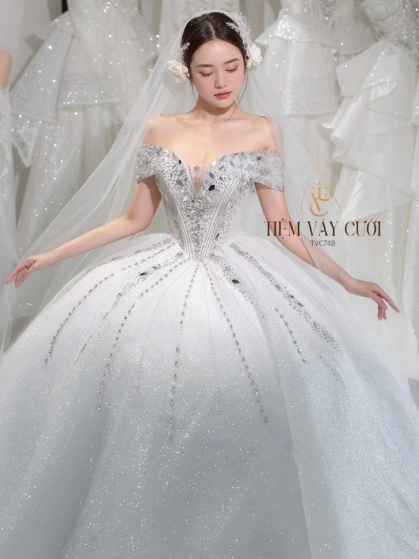 TVC748 Váy Cưới Làm Lễ, Đầm Cưới Cao Cấp, Cúp Ngực, Hoa 3D, Cổ Rờ