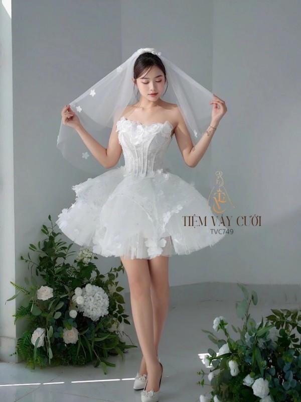 TVC749 Váy Cưới Đi Bàn, Đầm Cưới Ngắn, Cúp Ngực, Hoạ Tiết