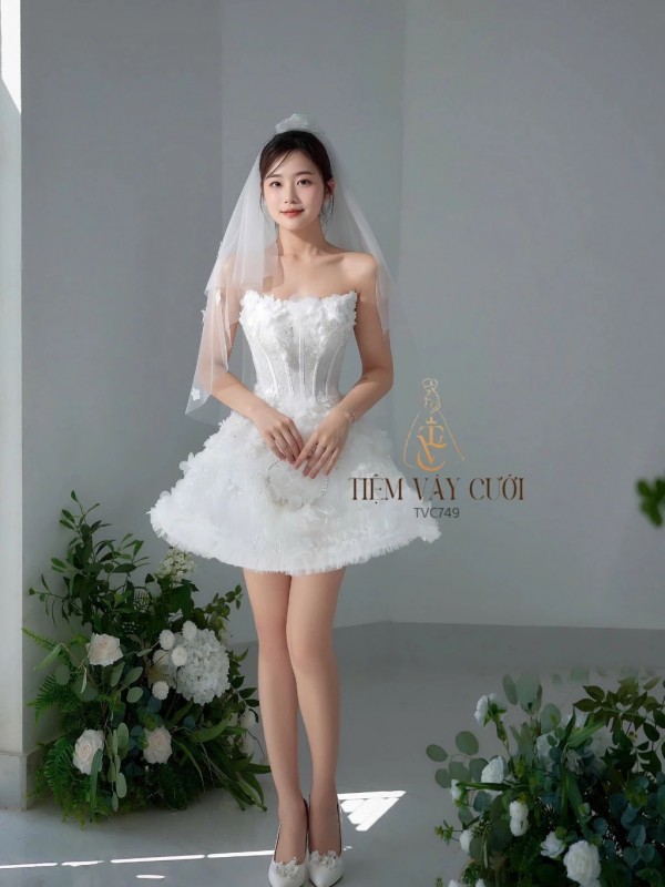 TVC749 Váy Cưới Đi Bàn, Đầm Cưới Ngắn, Cúp Ngực, Hoạ Tiết